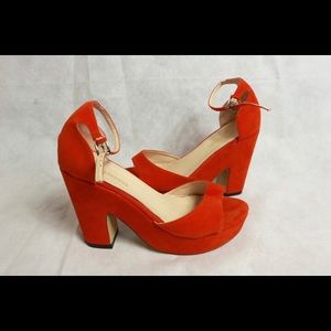 Loslandifen Orange Suede Peep Toe Platform Heels !